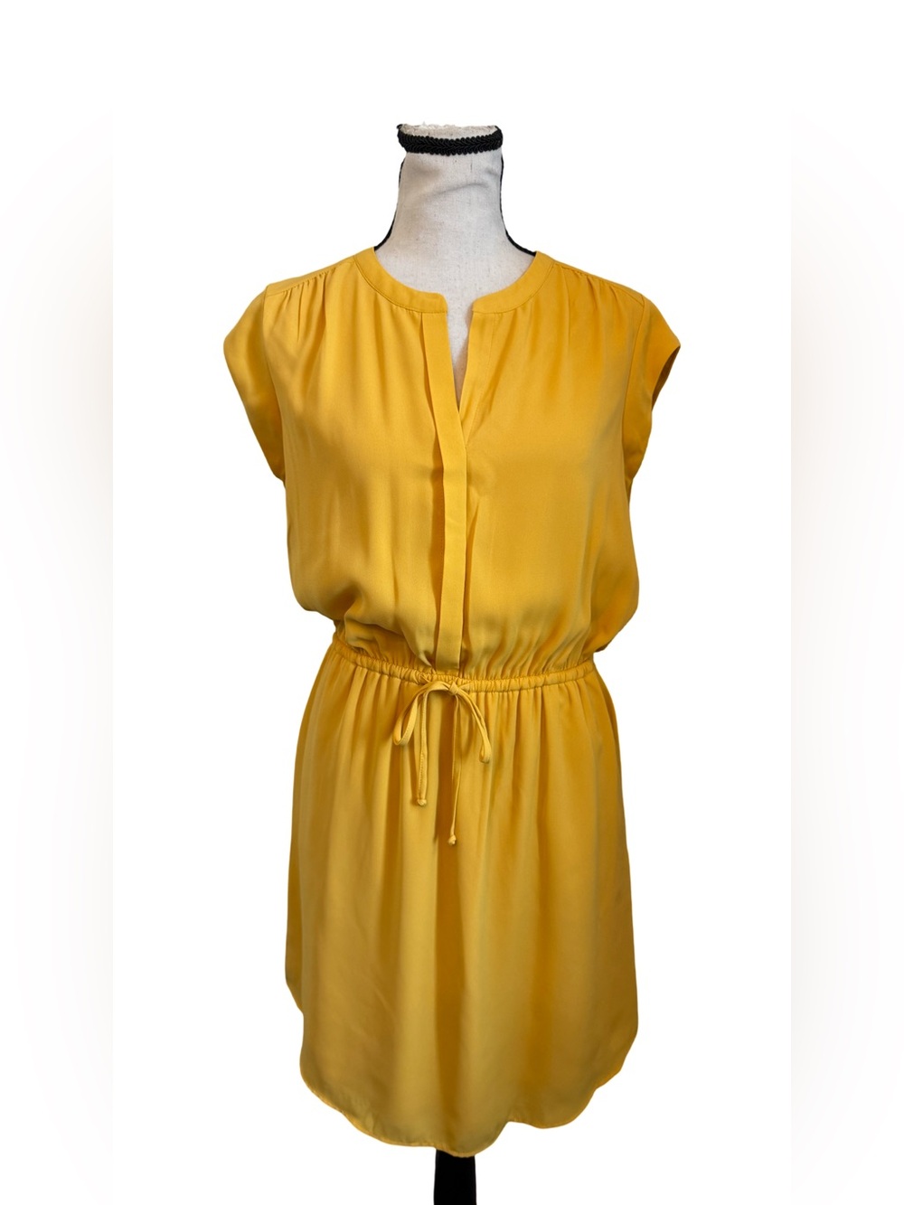 DR2 Yellow Mini Dress Sleeveless Drawstring Waist Pockets Casual Summer Dress